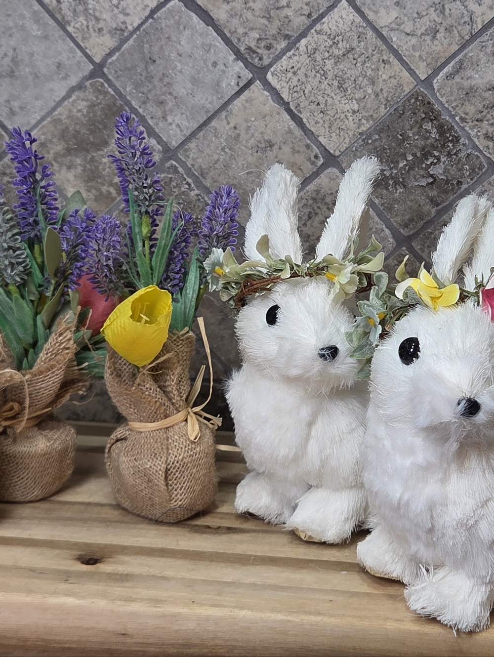 White Plush Bunny Pair with Floral Crowns - And Floral Arrangements Home Accents